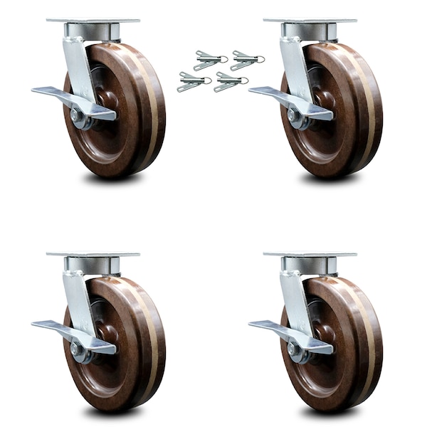 8 Inch Kingpinless High Temp Phenolic Caster Set with Brakes and Swivel Locks